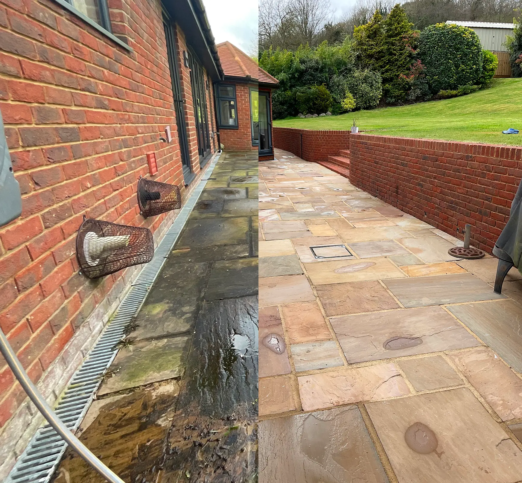 Indian sandstone patio beside a brick house, before and after cleaning, with the cleaned half showing bright stone with the dirt and algae gone