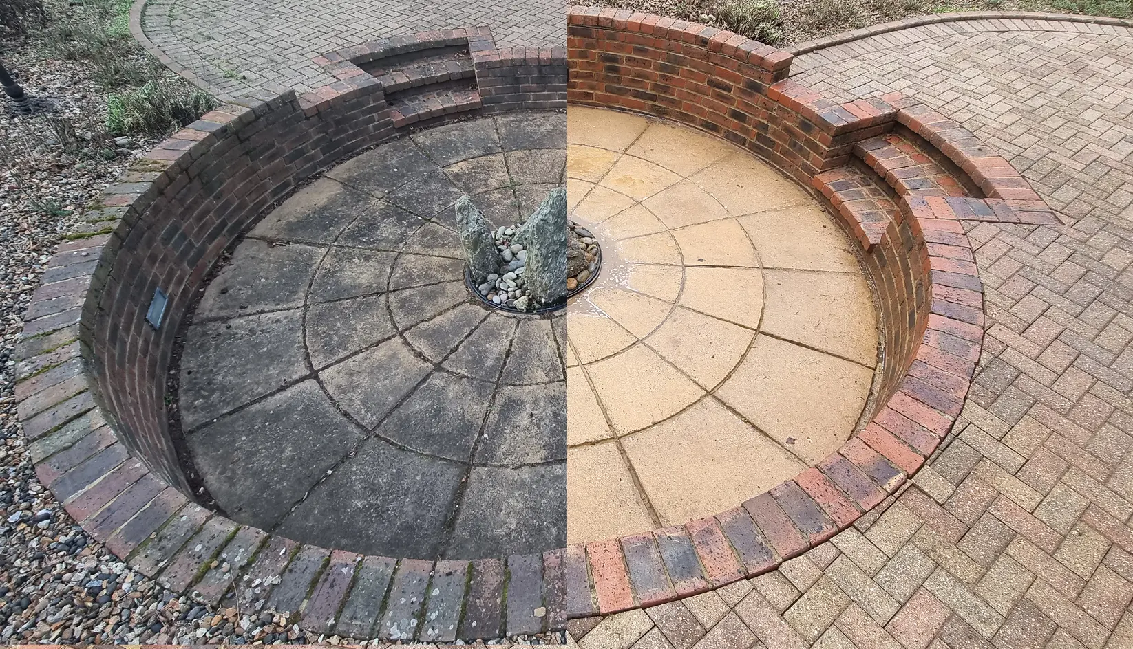 Circular patio with a curved brick wall and seating area, before and after cleaning, with the cleaned half showing fresh sandstone