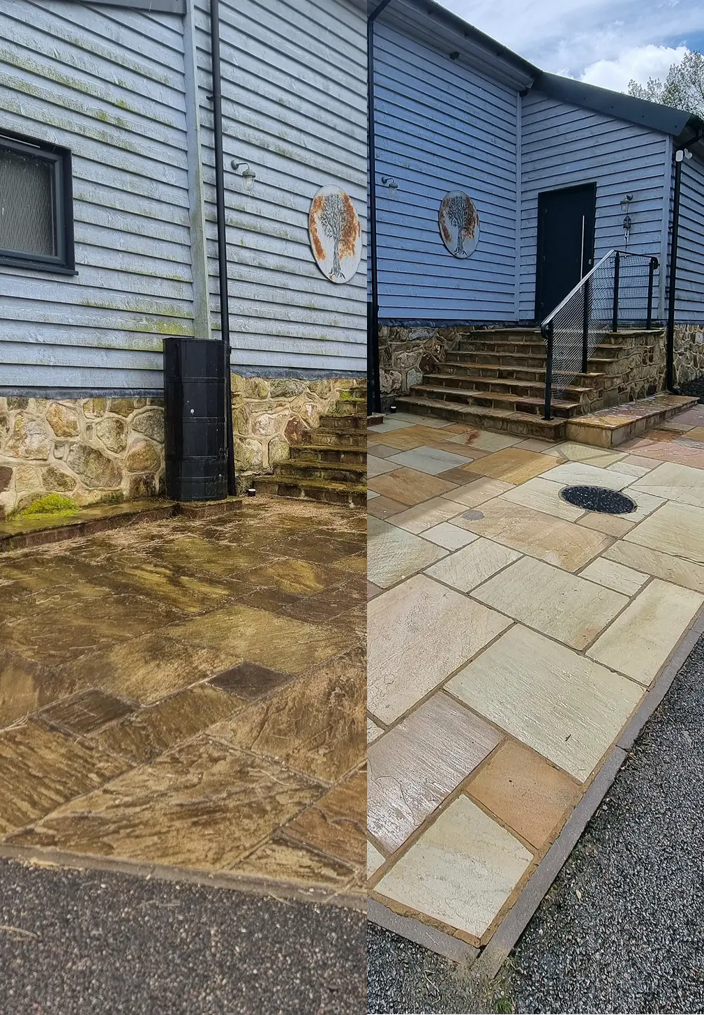 Stone steps and sandstone patio by a blue weatherboard building, before and after cleaning, with the cleaned half showing pale stone and clear steps